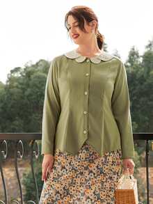 Plus Peter-pan Collar Asymmetrical Hem Coat - Army Green - View 5