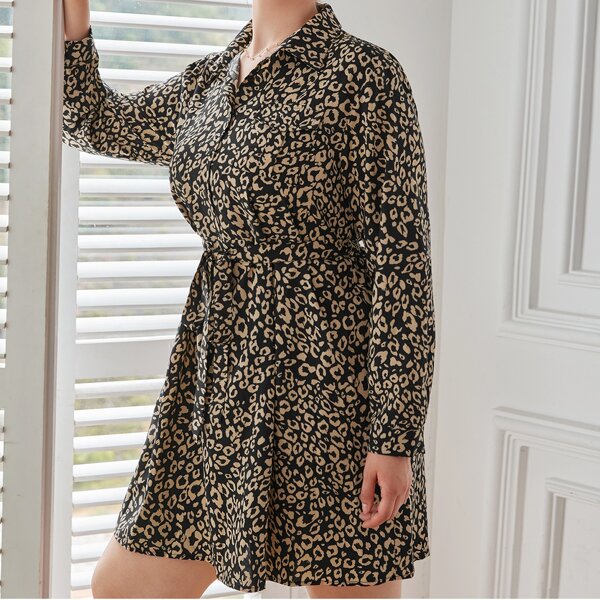 

Plus Leopard Print Pocket Front Belted Shirt Dress, Multicolor