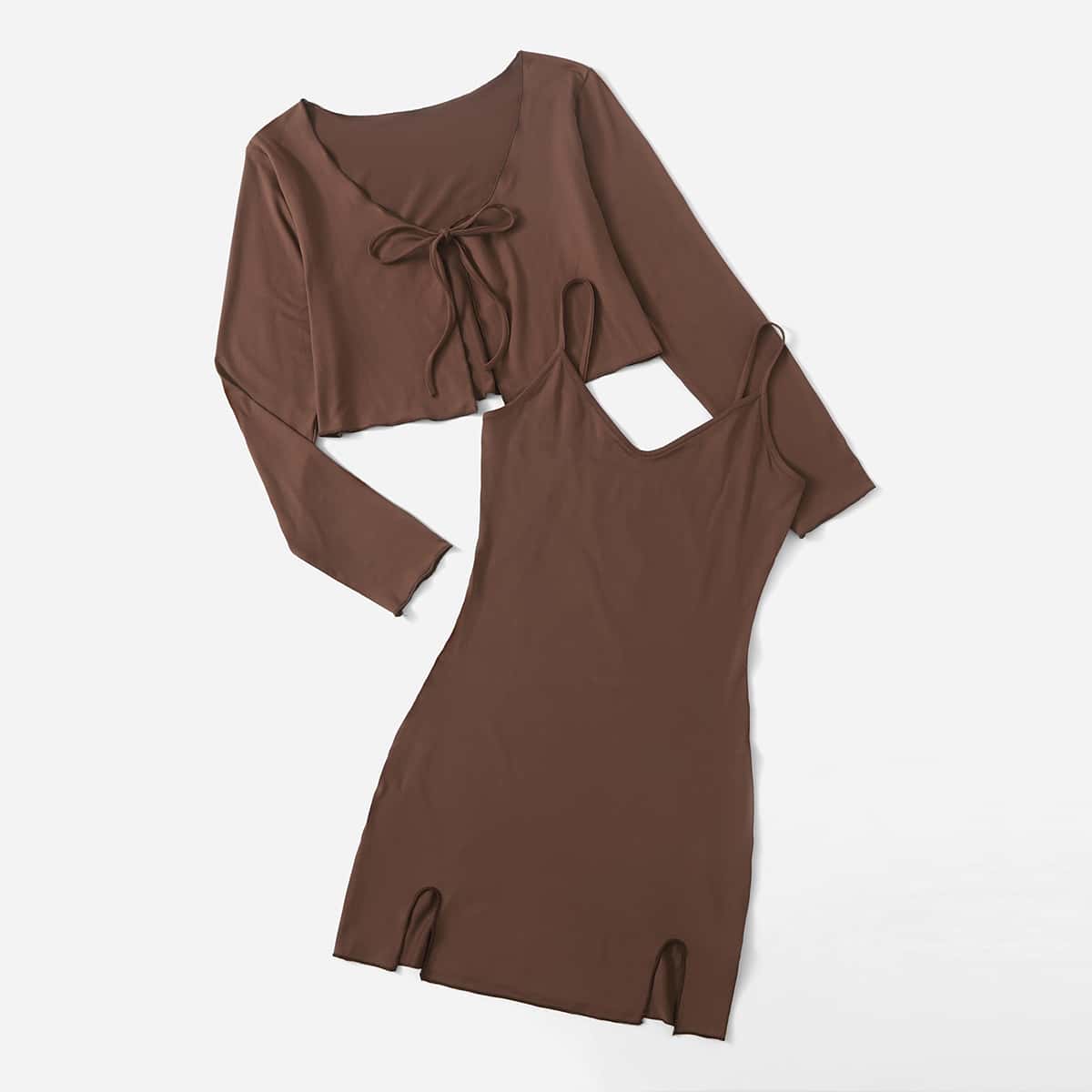 

Solid Tie Front Top & Split Cami Dress, Coffee brown
