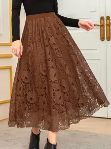 Modelyn High Waist Two Layered Lace Skirt - Coffee Brown - View 1