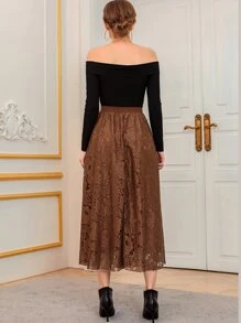 Modelyn High Waist Two Layered Lace Skirt - Coffee Brown - View 2