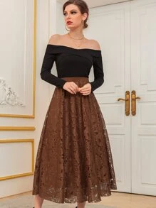 Modelyn High Waist Two Layered Lace Skirt - Coffee Brown - View 3