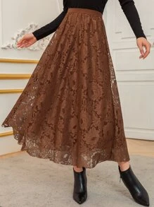 Modelyn High Waist Two Layered Lace Skirt - Coffee Brown - View 4