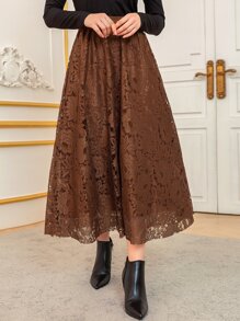 Modelyn High Waist Two Layered Lace Skirt - Coffee Brown - View 5