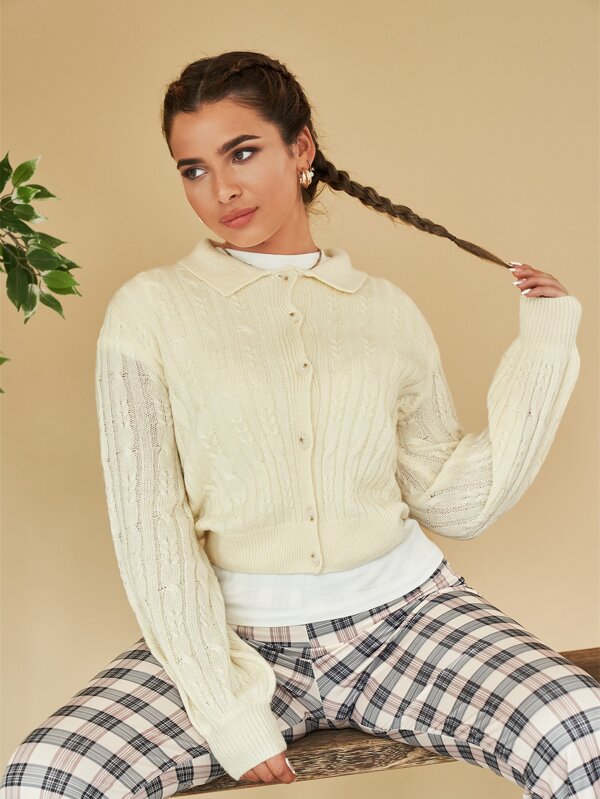 SHEIN EZwear Cardigan tricot prin cablu cu nasturi