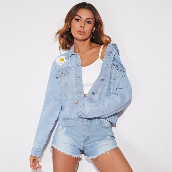 

Floral Print Flap Detail Denim Jacket, Light wash
