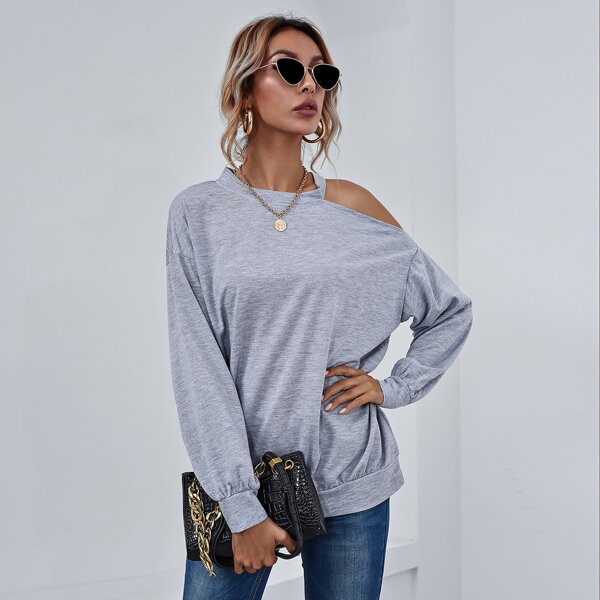 

Cut Out Shoulder Marled Knit Pullover, Light grey