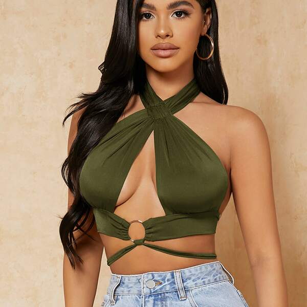 

Solid Ring Detail Tie Back Halter Top, Army green