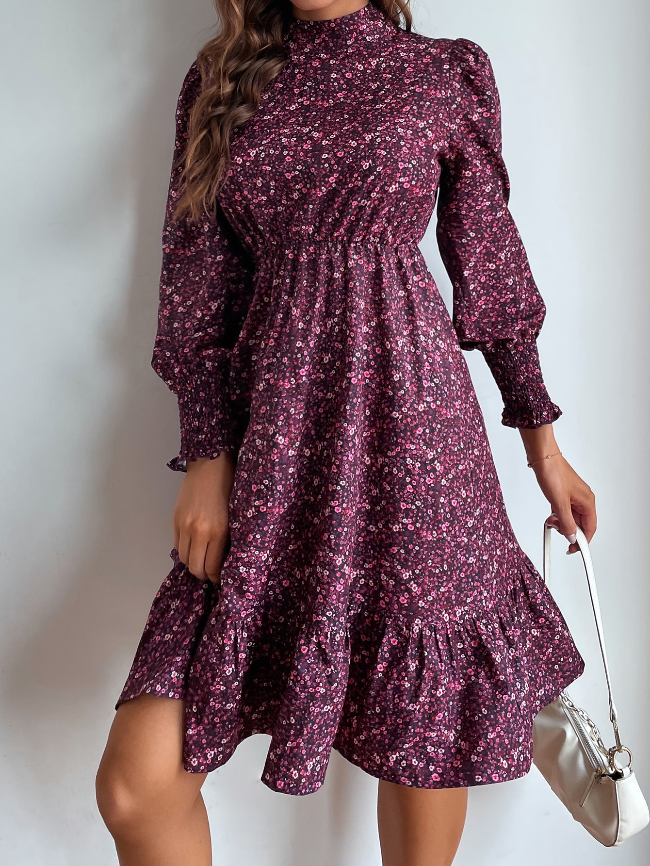 Ditsy Floral Print Stand Neck Ruffle Hem Dress SHEIN EUR