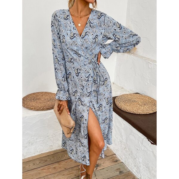 

Paisley Print Tie Side Flounce Sleeve Wrap Dress, Blue