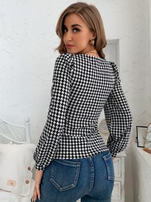 Chiquease Houndstooth Print Lantern Sleeve Crop Tee Graphic Tees Women Tops Fall Cloth For Women - Black and White - View 2