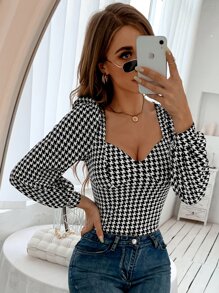 Chiquease Houndstooth Print Lantern Sleeve Crop Tee Graphic Tees Women Tops Fall Cloth For Women - Black and White - View 4