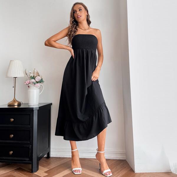 

Shirred Bodice Ruffle Hem Tube Dress, Black