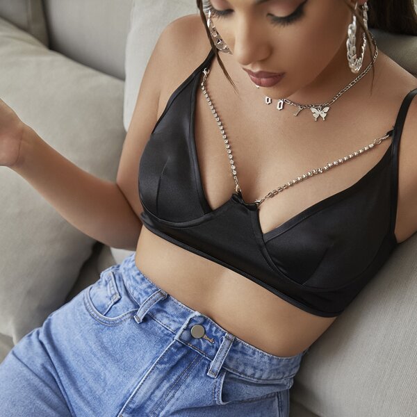 

Chain Detail Satin Cami Top, Black