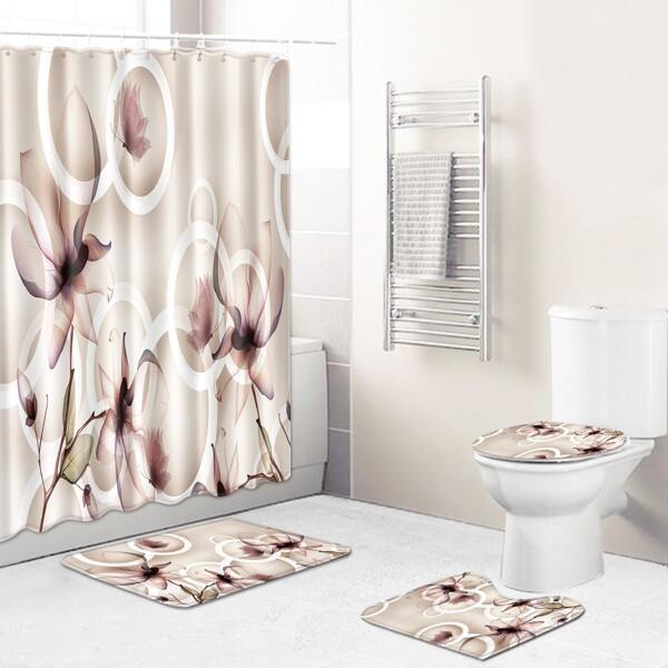 

1pc Flower Print Bath Mat Or Shower Curtain, Multicolor