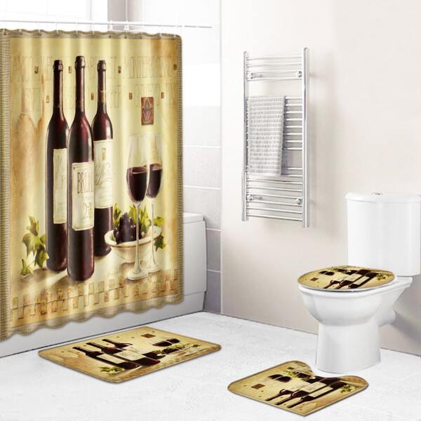 

1pc Wine Print Bath Mat Or Shower Curtain, Multicolor