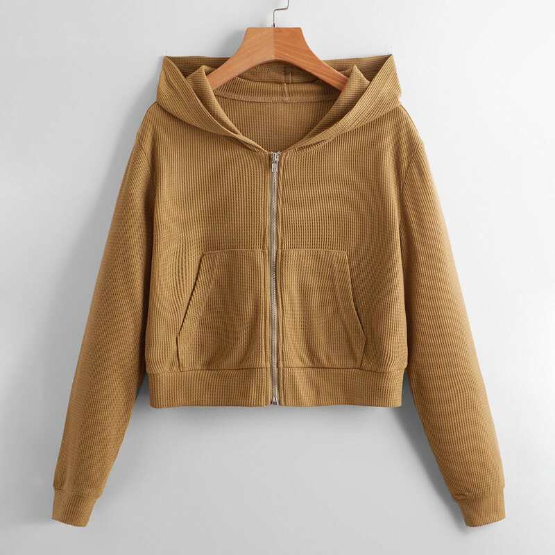 

Solid Zip Up Waffle Knit Jacket, Camel
