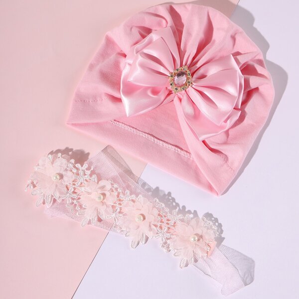 

1pc Baby Bow Decor Hat & 1pc Hair Band, Pink