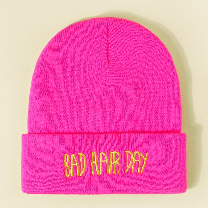 

Slogan Graphic Embroidery Knit Hat, Hot pink