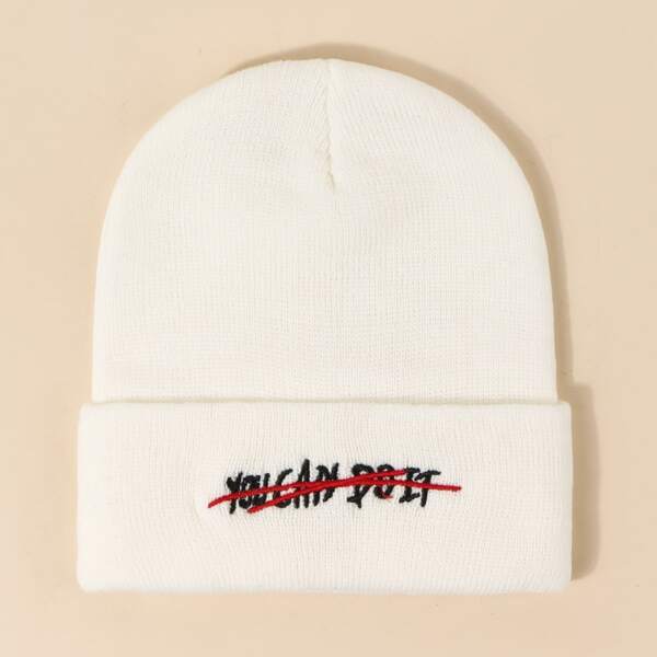 

Men Letter Embroidered Beanie, White