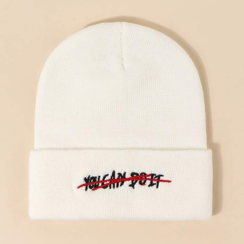 

Slogan Graphic Embroidery Knit Hat, White