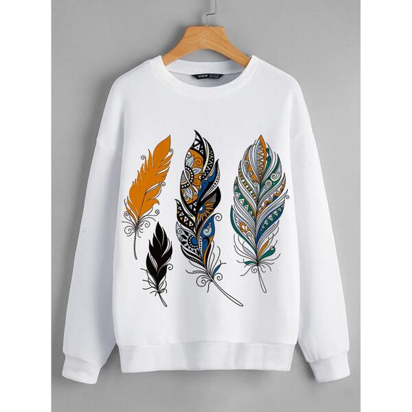 

Feather Print Drop Shoulder Pullover, White