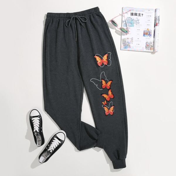 

Butterfly Print Drawstring Waist Sweatpants, Grey