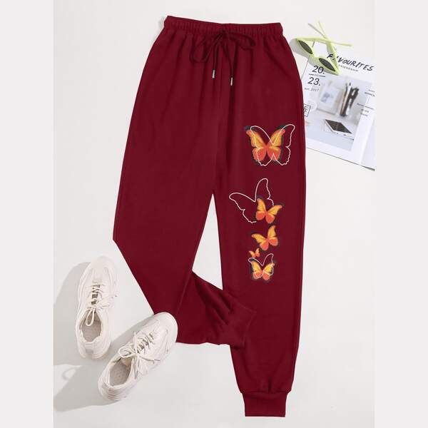 

Butterfly Print Drawstring Waist Sweatpants, Burgundy