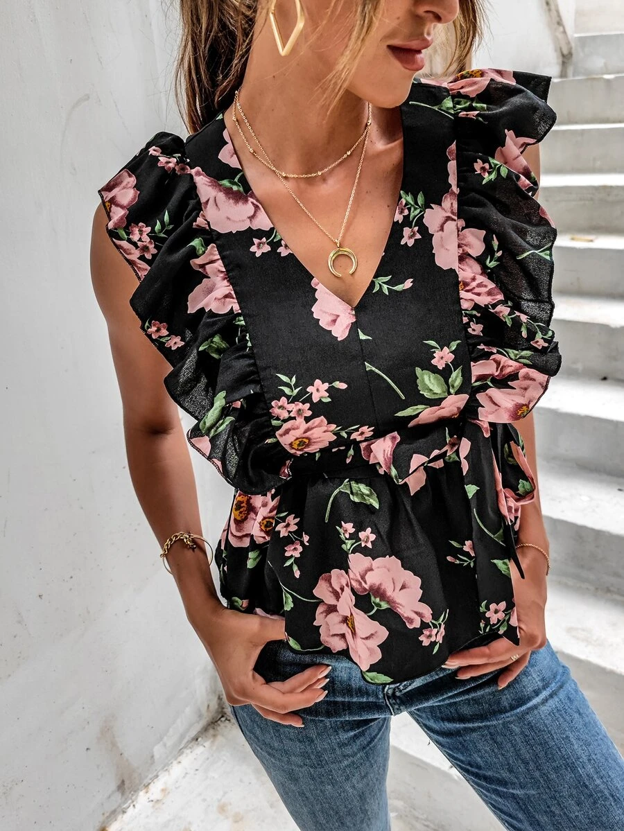 SHEIN LUNE Blusas Cinta Volante Floral Bohemio - Multicolor - Ver 1