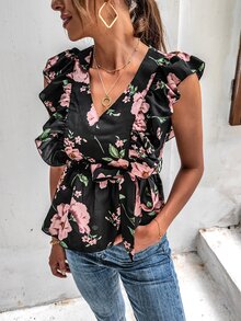 SHEIN LUNE Blusas Cinta Volante Floral Bohemio - Multicolor - Ver 3