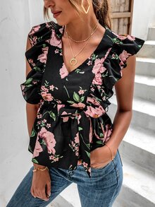 SHEIN LUNE Blusas Cinta Volante Floral Bohemio - Multicolor - Ver 4