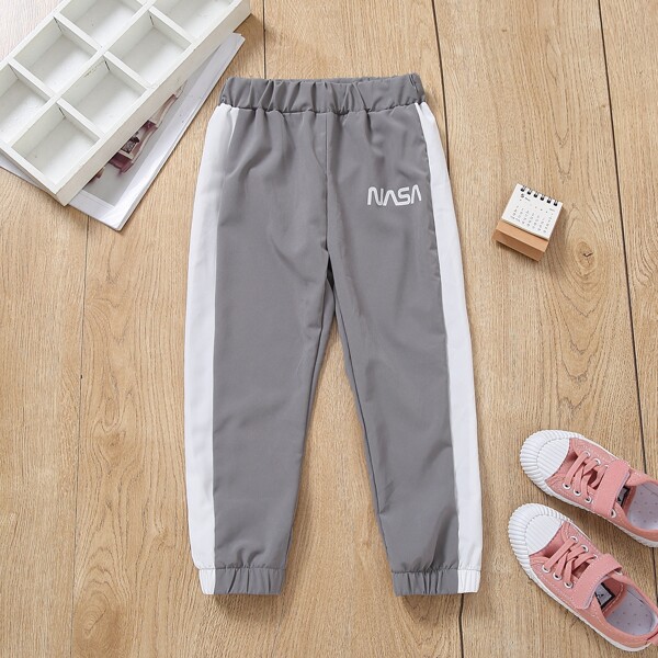 

Toddler Boys Letter Graphic Contrast Side Seam Pants, Grey