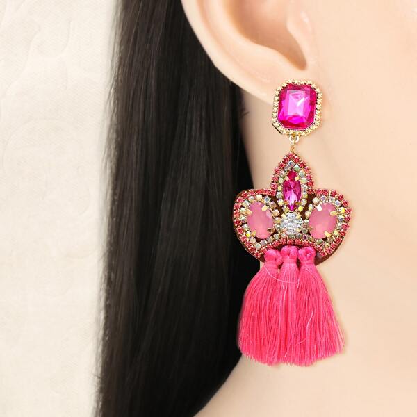 

Gemstone Decor Tassel Drop Earrings, Hot pink