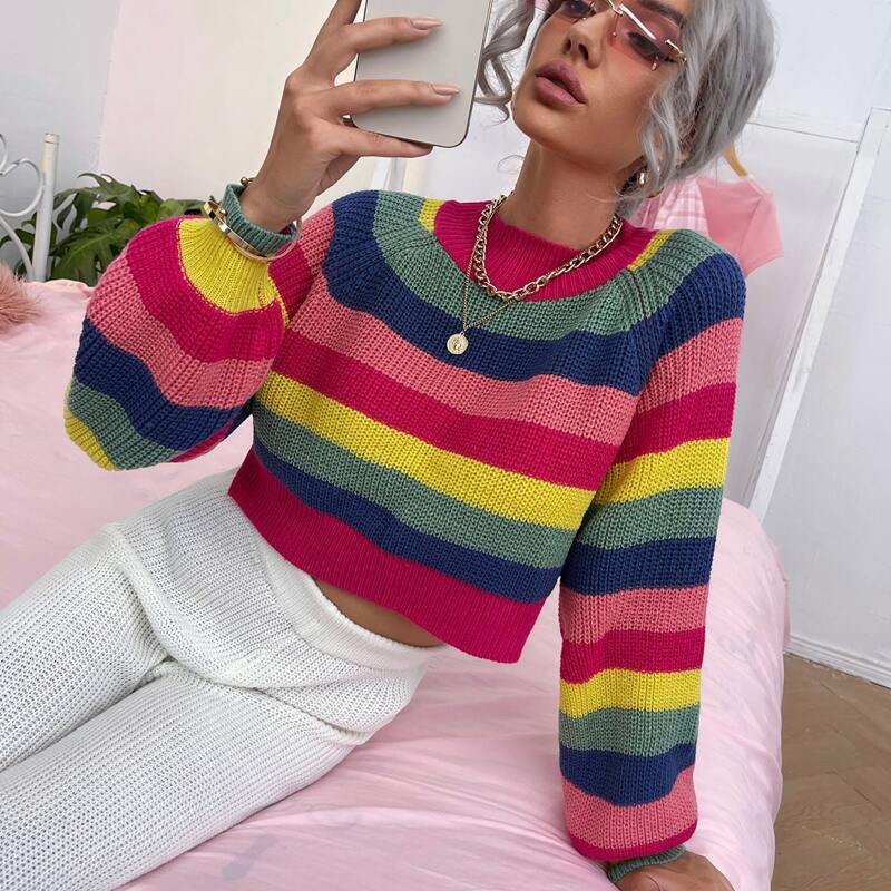 

Rainbow Stripe Raglan Sleeve Crop Sweater, Multicolor