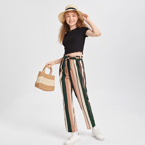 

Teen Girls Lettuce Trim Crop Top & Striped Colorblock Belted Pants Set, Multicolor