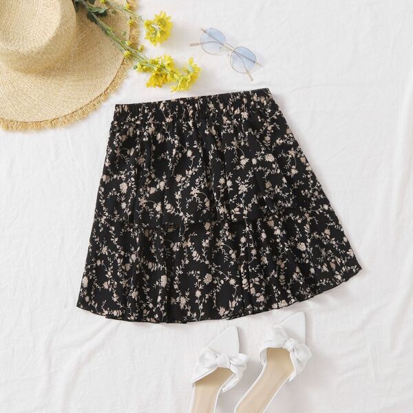 

Floral Layered Hem Skirt, Black