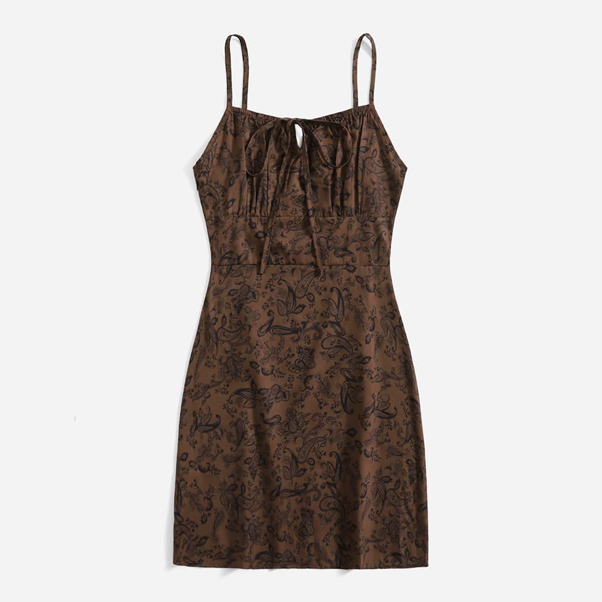 

Paisley Tie Front Cami Dress, Coffee brown