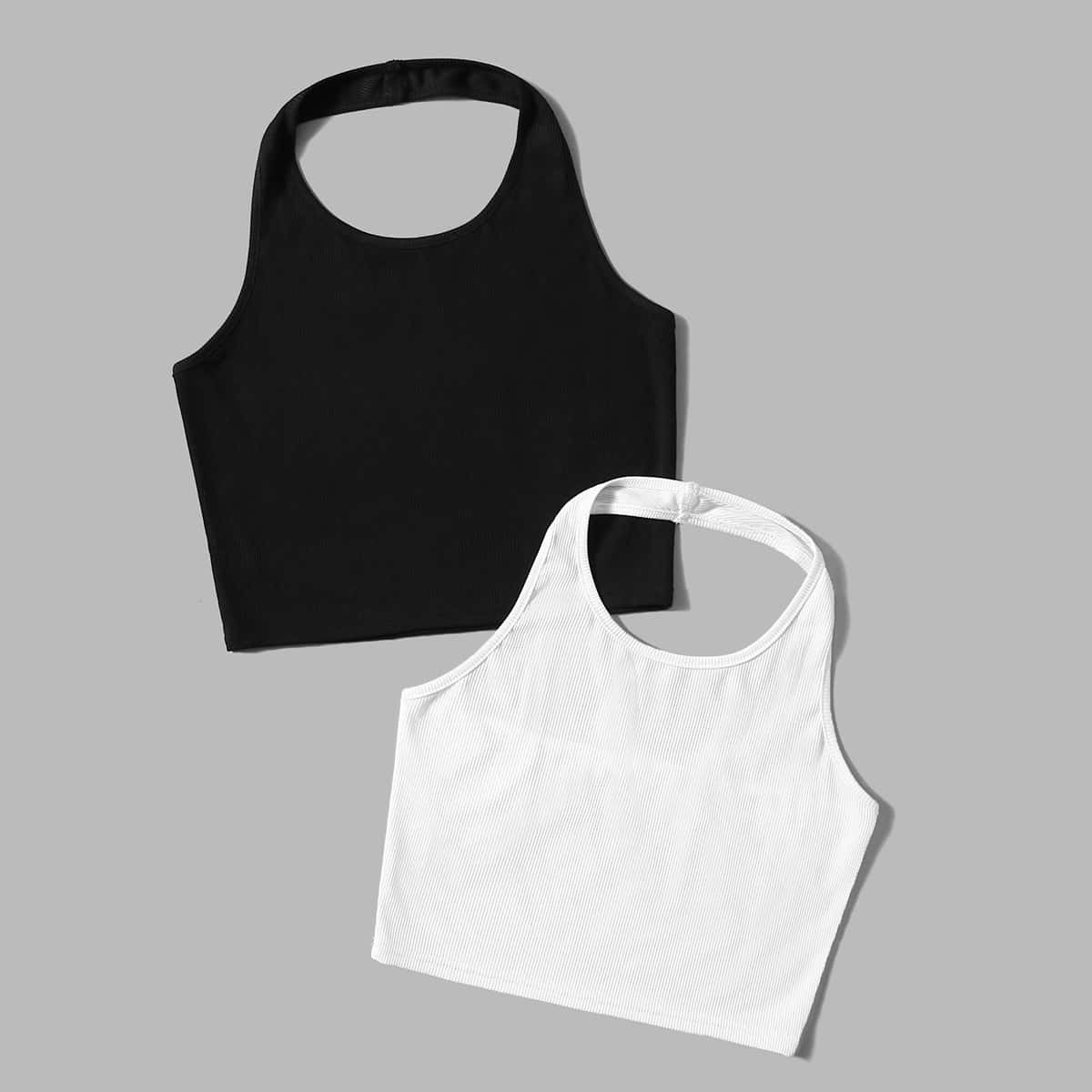 

2pcs Solid Ribbed Crop Halter Top, Black and white