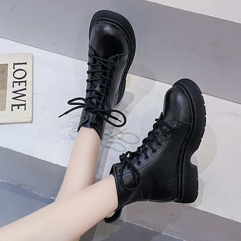

Buckle Decor Lace Up Front Combat Boots, Black