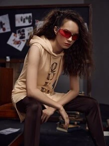 Tiffany Skii 字母刺繡抽繩連帽連衣裙 - 杏色 - 查看 1