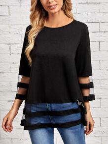 EMERY ROSE Solid Contrast Mesh Tee - Black - View 1