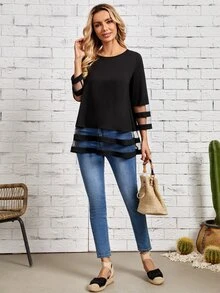 EMERY ROSE Solid Contrast Mesh Tee - Black - View 5