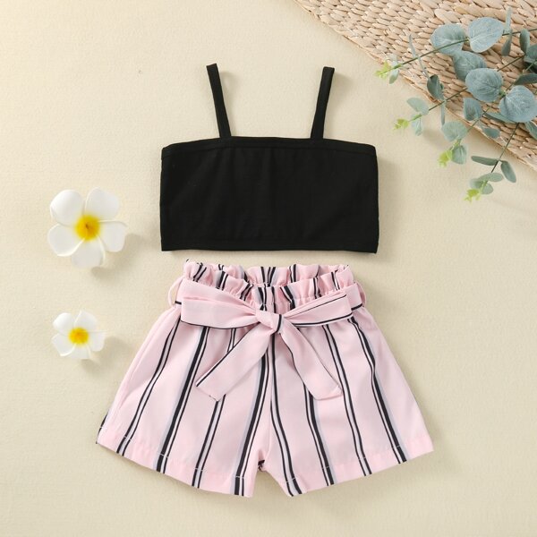 

Baby Girl Crop Cami Top & Striped Belted Shorts, Multicolor