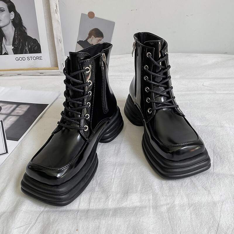 

Lace-up Front Square Toe Boots, Black