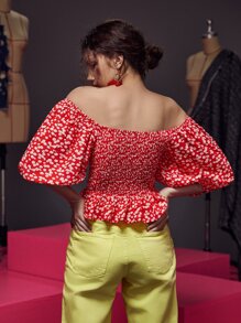 Margarita 一字肩小碎花燈籠袖上身打攬花邊下擺上衣 - 紅白色 - 查看 2