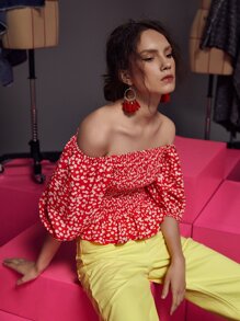 Margarita 一字肩小碎花燈籠袖上身打攬花邊下擺上衣 - 紅白色 - 查看 3