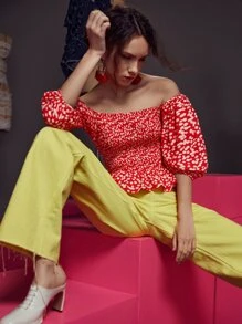 Margarita 一字肩小碎花燈籠袖上身打攬花邊下擺上衣 - 紅白色 - 查看 5