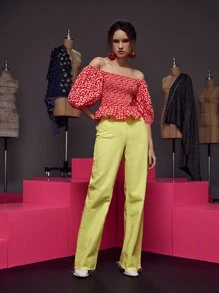 Margarita 一字肩小碎花燈籠袖上身打攬花邊下擺上衣 - 紅白色 - 查看 6