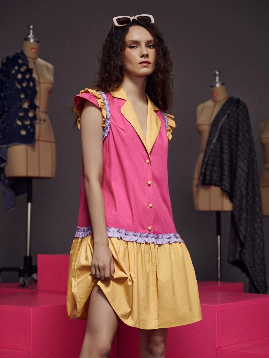 Pompi García Lapel Neck Colour Block Button Front Frill Trim Dress - Multicolor - View 1