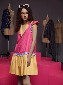 Pompi García Lapel Neck Colour Block Button Front Frill Trim Dress - Multicolor - View 6